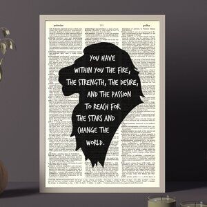 Lion Inspirational Quote DICTIONARY ART PRINT - Upcycled Vintage Wall Decor Art